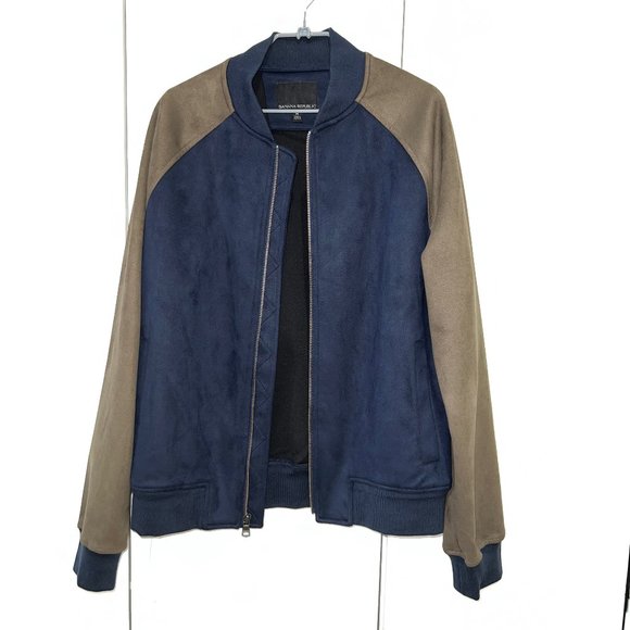 BR Banana Republic Men Vegan-Suede Bomber Jacket M Medium Preppy Navy - Picture 3 of 5